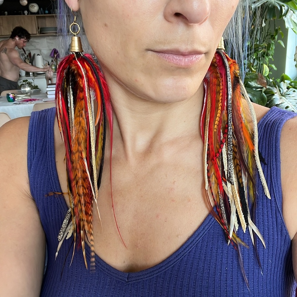 Long Red and Orange Feather Earrings with Metallic Gold and Brown Leather